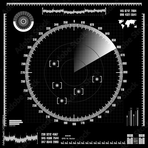 White radar screen on black background, HUD interface