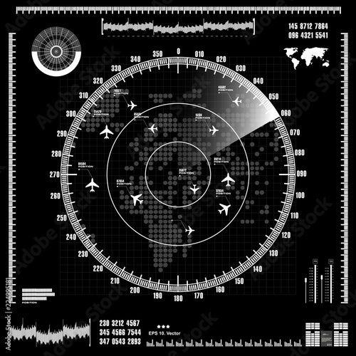 White radar screen on black background, HUD interface