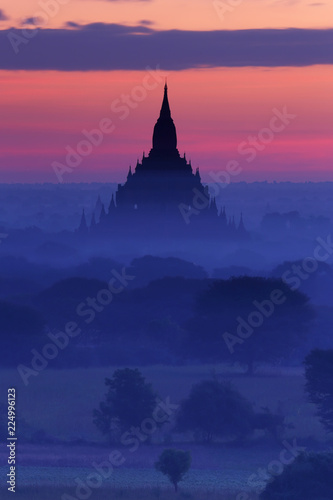 Sunrise at pagoda temples with fog of Bagan  Myanmar
