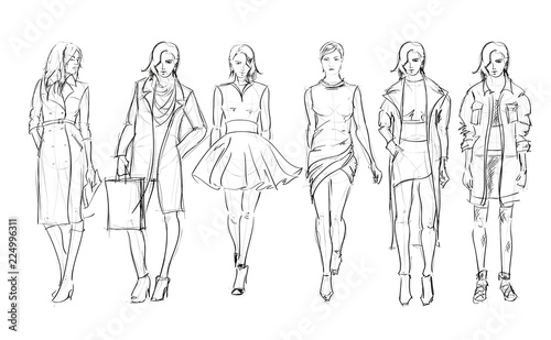 Sketch. Fashion Girls on a white background. Vector illustration