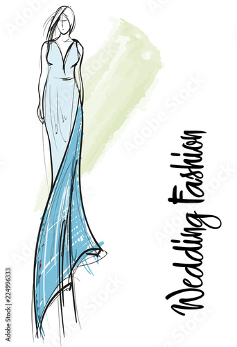 Sketch. Beautiful fashion girl. Fashion bride model in a wedding dress. Vector illustration.
