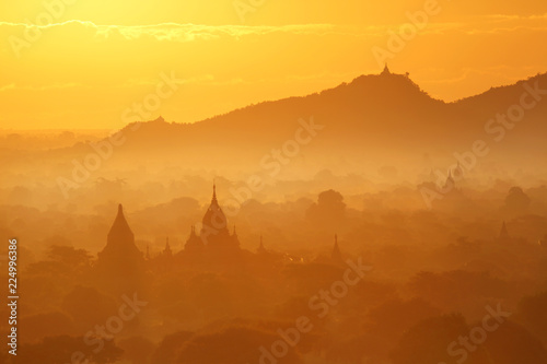 Beautiful landscape pagoda ancient in bagan unesco heritage site in the morning misty view in Bagan mandalay. The landmark tourism culture in Asian.