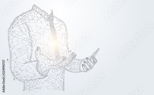 Abstract technology line triangle and points businessman low poly hold the phone in hand polygonal future modern wireframe on hi tech future gray background. for template, web design or presentation.