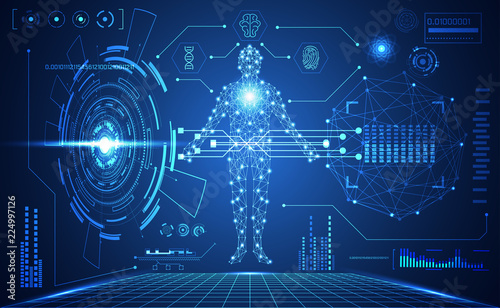 abstract technology ui futuristic human medical hud interface hologram elements of digital data chart, DNA,Fingerprint,Brain computing circle vitality innovation on hi tech future design background
