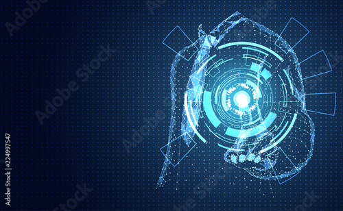 abstract technology concept line triangle and points businessman low poly finger pointing futuristic virtual hologram communication system link business connection on hi tech blue background.Vector