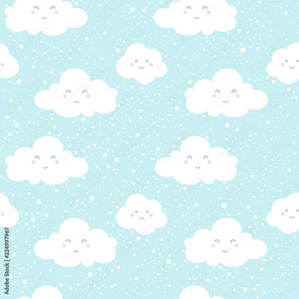 Blue sky with clouds silhouettes and snowfall, falling dot snowflakes, flakes splash, spray, spot texture. Funny smiling cartoon faces. Vector seamless repeat pattern. Winter, Christmas background.