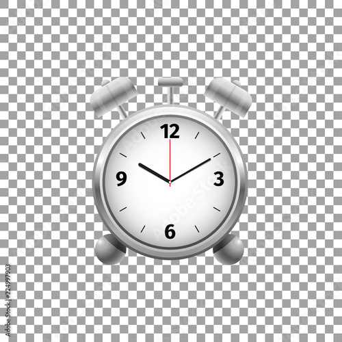 Realistic Classic silver alarm clock isolated object on transparent background. Vector Illustration