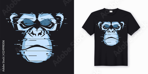 Vector t-shirt and apparel design with glitchy head of a chimp