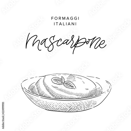 traditional Italian cream cheese mascarpone  vintage engraving illustration with its name calligraphy