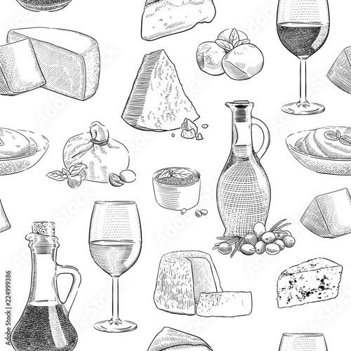 traditional Italian cheese and sauces vintage engraving seamless pattern background