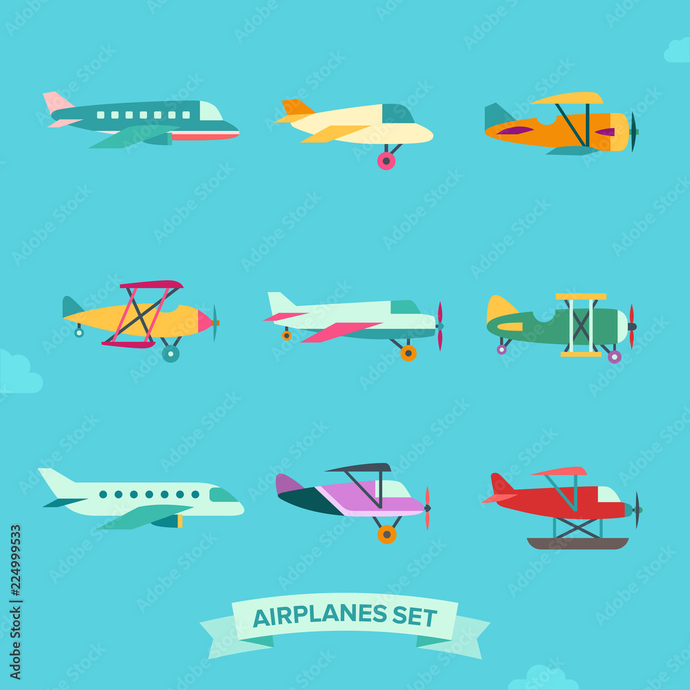 Airplane flat icon set. Clean and simple design.