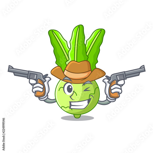 Cowboy cartoon green kohlrabi in the market