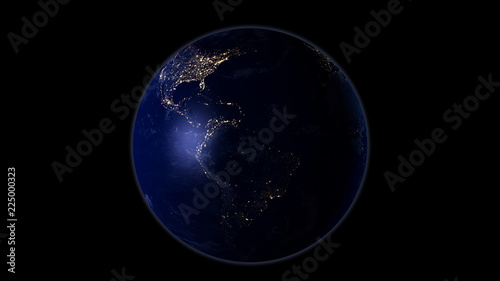 Planet earth from the space at night. Black background, 3D render © Dmitry