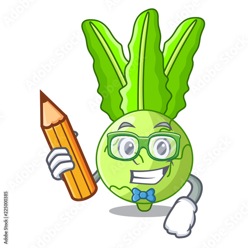 Student with book character kohlrabi on a wooden table