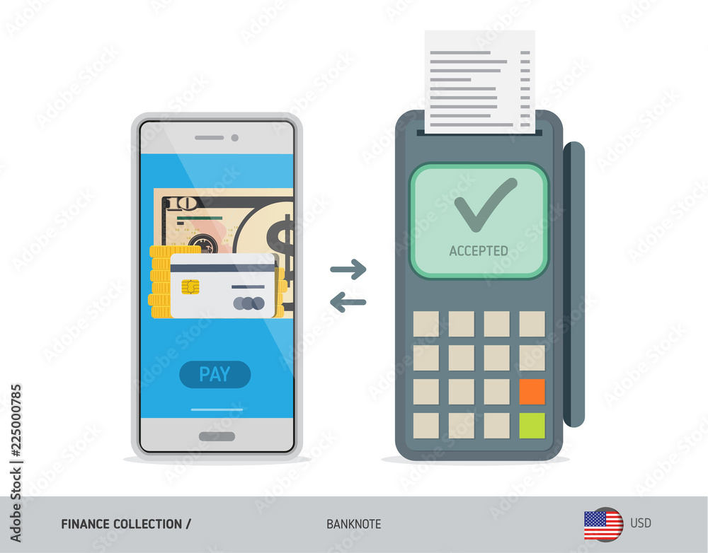 POS Terminal with 10 US Dollar Banknote. Flat style vector illustration. Finance concept. POS Terminal with 10 US Dollar Banknote. Flat style vector illustration. Finance concept.