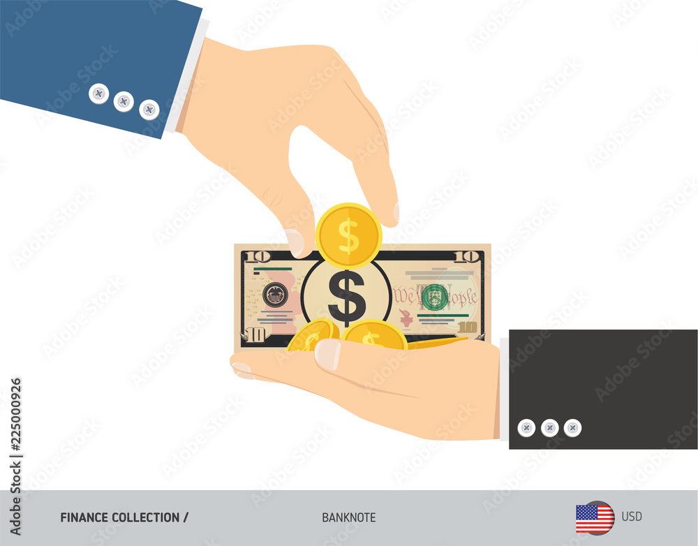 10 US Dollar Banknote and coins in the palm of hands. Flat style vector illustration. Finance concept.