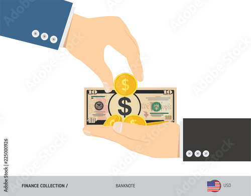 10 US Dollar Banknote and coins in the palm of hands. Flat style vector illustration. Finance concept.