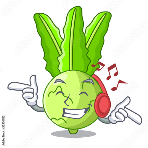 Listening music cooking food fresh organic kohlrabi cartoon