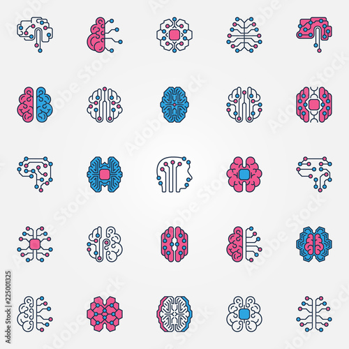 Digital Brain colored icons set - vector AI Smart brain signs