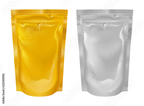 Realistic foil pouch collection set golden and silver colors.