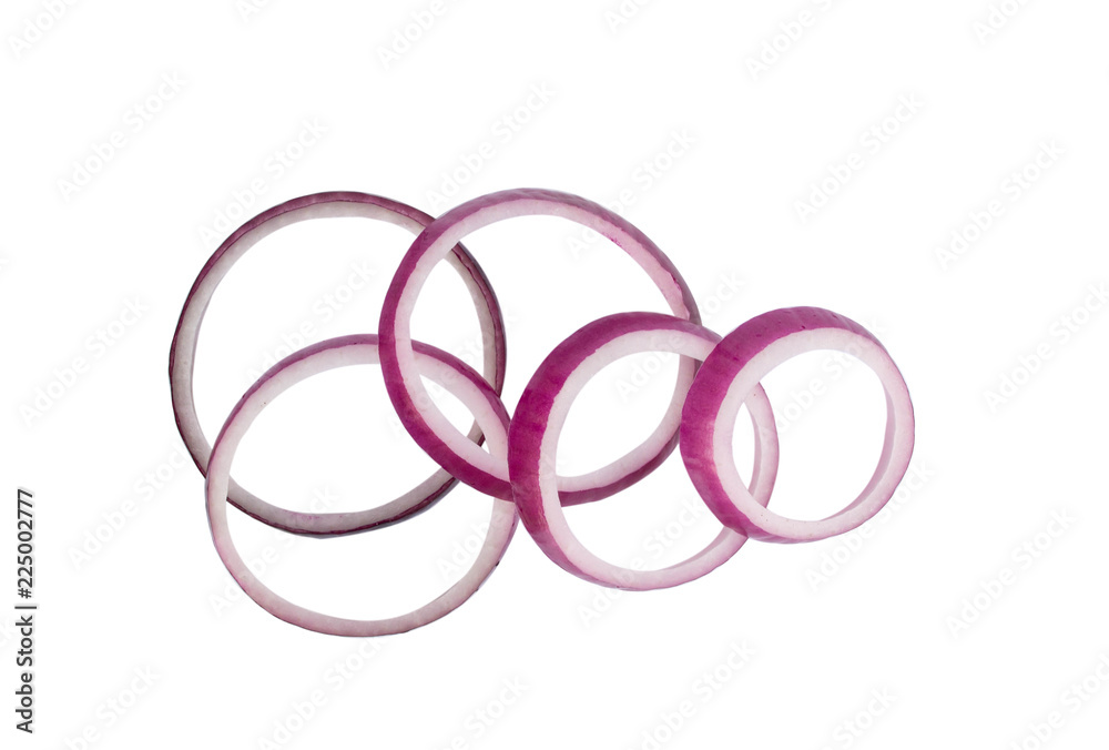 Top up red onion rings on white background Top up red onion rings on white background