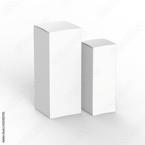 Two white glossy paper product boxes isolated on white background mockup.