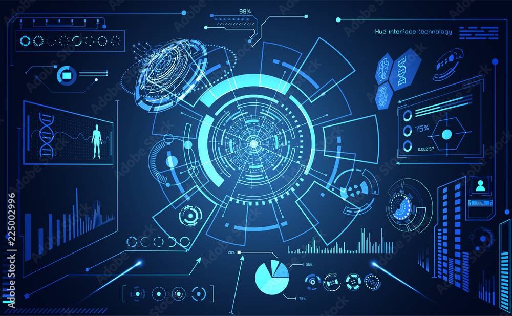 abstract technology ui futuristic concept hud interface hologram elements of digital data chart, communication, computing and circle percent vitality innovation on hi tech future design background