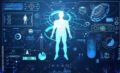 abstract technology ui futuristic concept hud interface hologram elements of digital data chart, communication, computing,human body digital health care ; health future design on hi tech background.