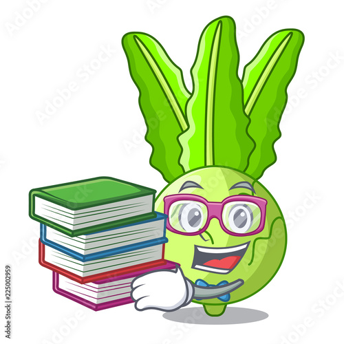 Student with book fresh cabbage kohlrabi on the mascot
