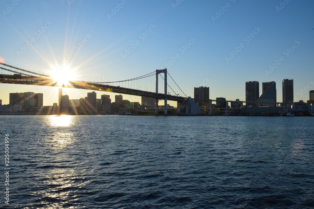 Fototapeta premium Urban landscape of Tokyo, Japan at sunrise with rainbow bridge