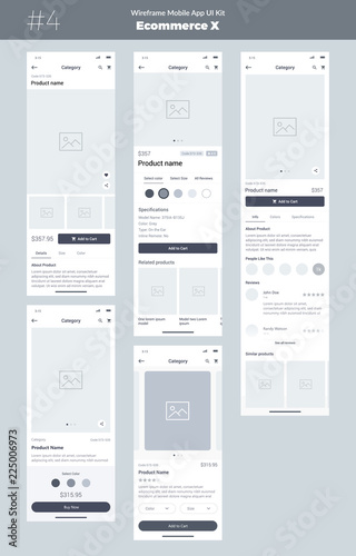 Wireframe kit for mobile phone. Mobile App UI, UX design. New OS Ecommerce Product. Category, Name of product, size, color, prices and details screens. Choose and buy a product.