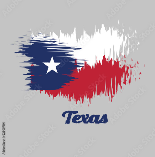 Brush style color flag of Texas, blue containing a single centered white star. The remaining field is divided horizontally into a white and red bar. with text Texas.