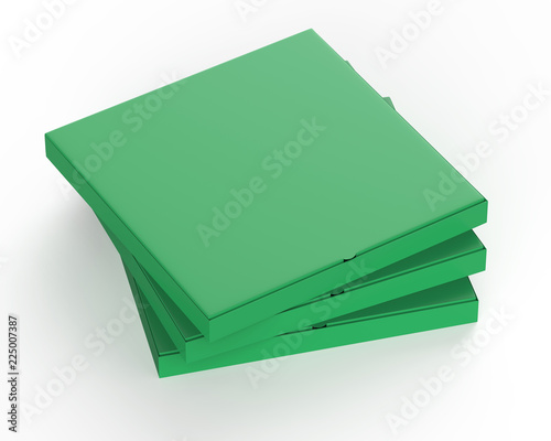 Green cardboard pizza boxes (450x450x40) isolated on white background.