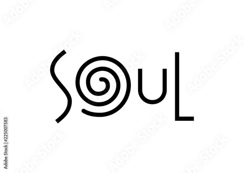 Modern lettering of Soul in black with swirl isolated on white background for decoration, logo