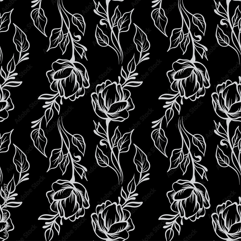 Fototapeta premium Lace elegant vintage floral pattern - light gray line art on a black background, hand drawn vector illustration