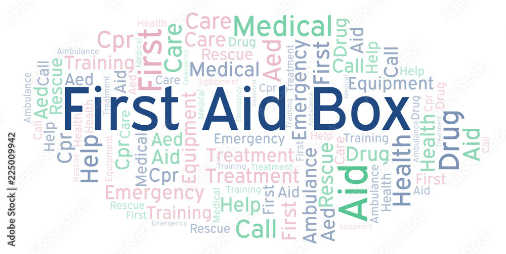 First Aid Box word cloud, made with text only.