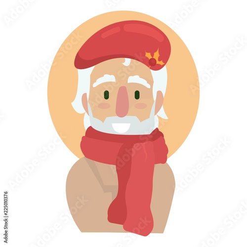 Elderly artist in a red long scarf and beret.