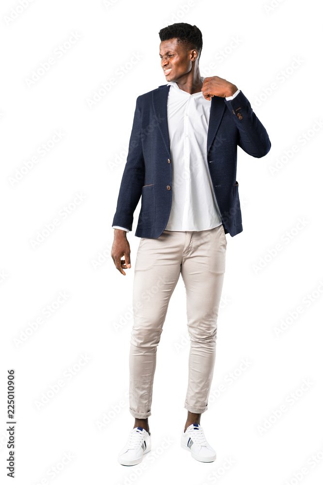 Full body of Handsome african american man wearing a jacket with tired and sick expression on white background