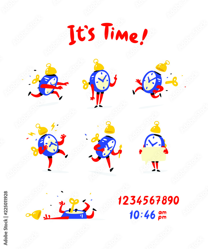 Cartoon characters of the alarm clock. Vector. A set of emotions and alarm clocks. The life of the clock. Illustrations isolated on white background. Icons for logo, print and website. It's time! Figu Cartoon characters of the alarm clock. Vector. A set of emotions and alarm clocks. The life of the clock. Illustrations isolated on white background. Icons for logo, print and website. It's time! Figu