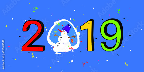 Christmas illustration. Vector. Snowman and the inscription 2019. Cartoon Character with a red carrot and a bucket on his head. Happy new year and christmas. Mascot. Illustration for banner and calend