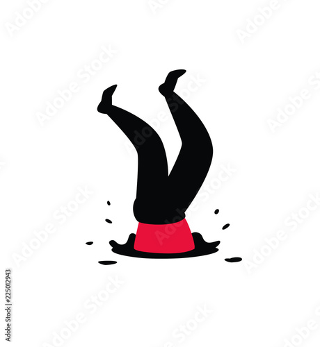 Illustration of a man falling into a pit. Vector illustration. Legs up. Image is isolated on white background. Logo protruding legs from the hatch, puddles. Metaphor. Failure. Defeat.