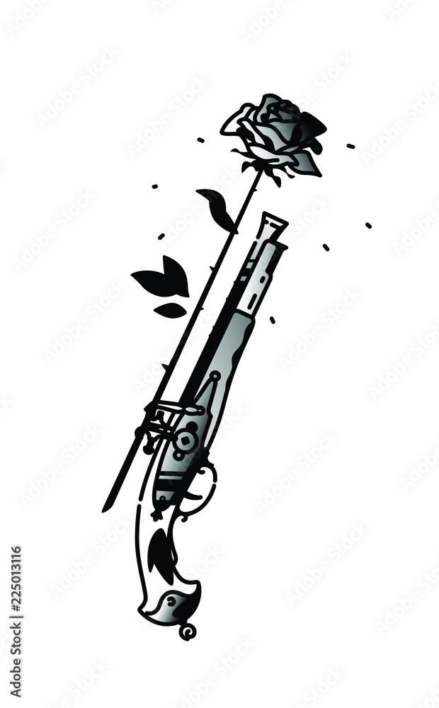 Tattoo of an antique pistol and a rose. Vector. Vintage tattoo in the style  of the