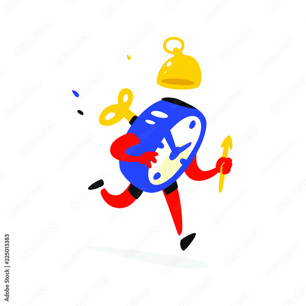 Cartoon character is an alarm clock. Vector. Time is running out. The clock is ringing. Time runs away. Image is isolated on white background. Flat illustration for sign, print and website. Timing. Cartoon character is an alarm clock. Vector. Time is running out. The clock is ringing. Time runs away. Image is isolated on white background. Flat illustration for sign, print and website. Timing.