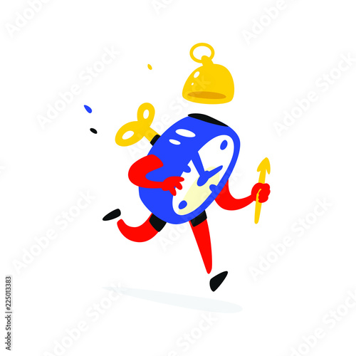 Cartoon character is an alarm clock. Vector. Time is running out. The clock is ringing. Time runs away. Image is isolated on white background. Flat illustration for sign, print and website. Timing.
