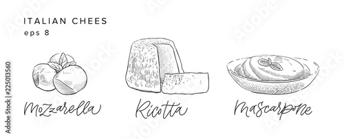 traditional Italian cheese mozzarella, ricotta, mascarpone vintage engraving illustration with its name calligraphy