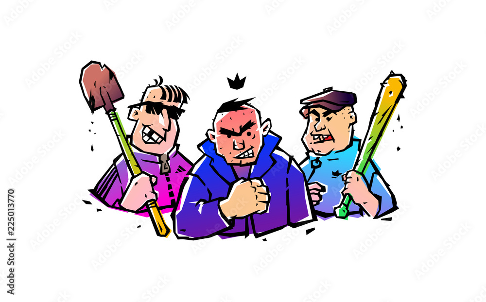 Illustration of three hooligans with a bat and a shovel. The illustration is isolated on a white background. Russian courtyard punks. Bandits and robbers. Funny mafia. Sticker, picture for T-shirt. Illustration of three hooligans with a bat and a shovel. The illustration is isolated on a white background. Russian courtyard punks. Bandits and robbers. Funny mafia. Sticker, picture for T-shirt.