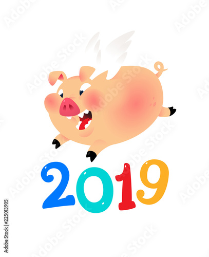 Illustration of the year of the pig 2019. Image is isolated on white background. A running pig with numbers. New Year in the Chinese calendar. Mascot company.