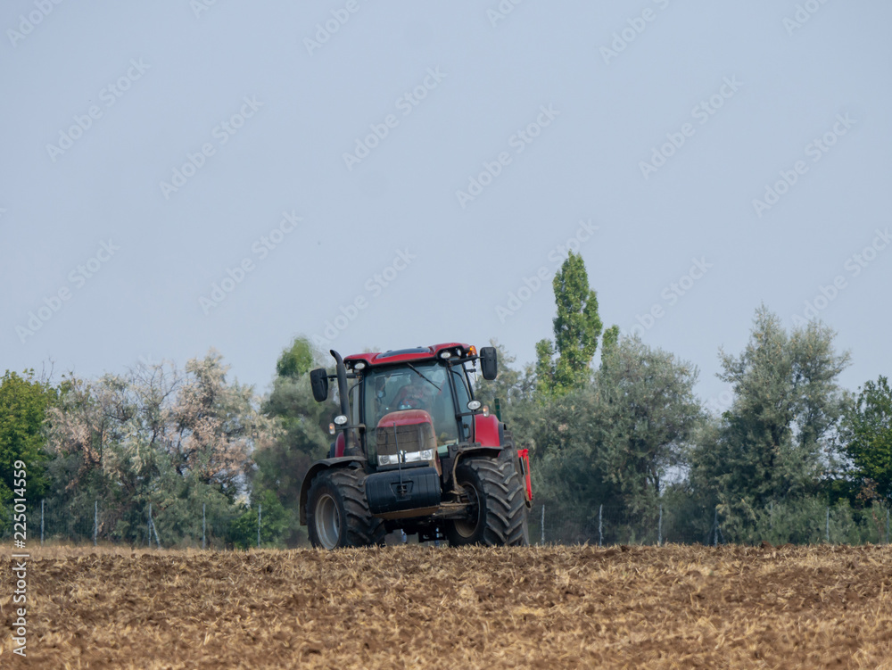 Fototapeta premium Red tractor with plow on the field. Tractor on the field. Summer field and red tractor.