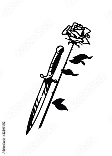 Tattoo of a dagger and roses. Vector. Vintage tattoo in the style of the American old school. Image is isolated on white background. Contour drawing. Fashionable tattoo for the mafia. Love and crime.