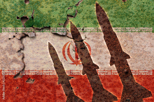 Iran flag and rocket in military conflict